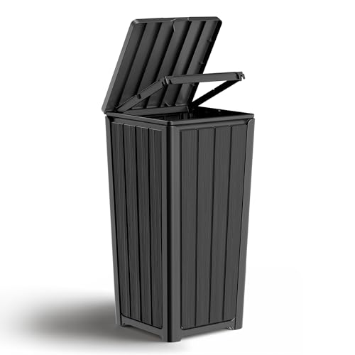 Outdoor Trash Can with Lid, Waterproof Resin Outdoor & Indoor Garbage Can, Large Kitchen Trash Can for Patio, Garage, Pool, Garden, Backyard, Deck, Kitchen, Black - color: Black, size: 30 Gallon