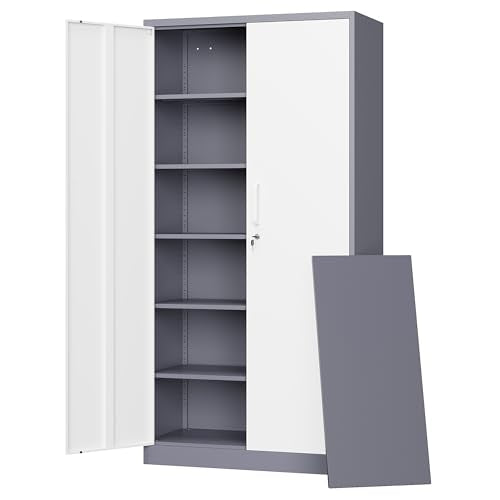 Letaya Metal Storage Cabinet with Lock Door, 71" Adjustable Shelf Steel Lockers for Office, Home,School,Garage Utility Tool Cabinet (2 Door-White&Gray) - color: Grey White, size: 71 X 32 X 16 In(H X W X D)