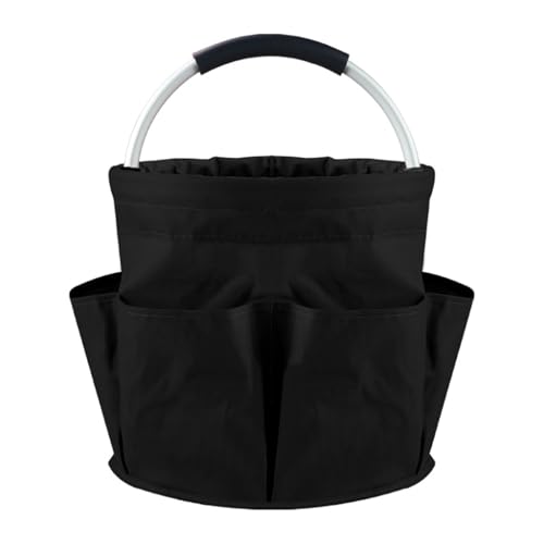 Black Collapsible Round Garden Tool Bag with Metal Handle Multi-Pocket Storage Bucket for Gardening Work Picnic Cleaning Tool Organization Portable & Easy to Store - color: Black
