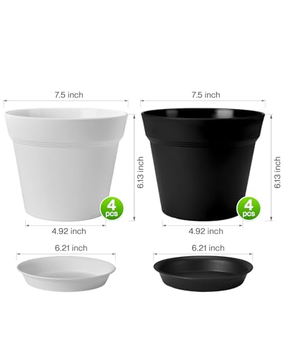 homenote 7.5 Inch Plastic Flower Pots with Drainage Holes and Trays (8 Pcs) - color: White & Black-8 Pcs, size: 7.5 Inch