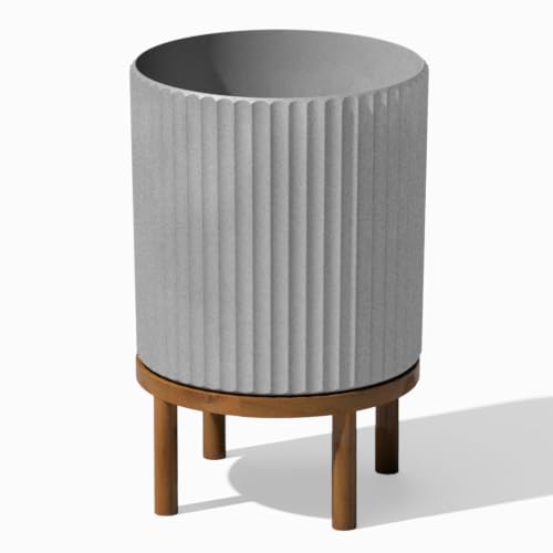 Veradek Demi Series Round Planter w/ Stand for Porch/Patio | Durable Plastic-Concrete & Wooden Stand | Modern Décor for Tall Plants, Flowers - color: Gray/Brown, size: 12 Inch