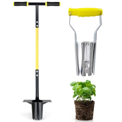 Jardineer Bulb Planter Tool, Long Handle Sod Plugger with Serrated Base, Automatic Soil Releasing Small Bulb Transplanter for Tulips, Daffodils, Lily - color: silver set