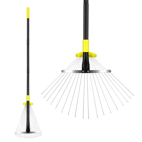 Byhargen Adjustable Metal Leaf Rake, Heavy Duty Garden Rake with Wide & Narrow Modes, Rustproof Steel Head, Adjustable Handle for Lawn Care, Yard Clean Up, and Mulch Spreading