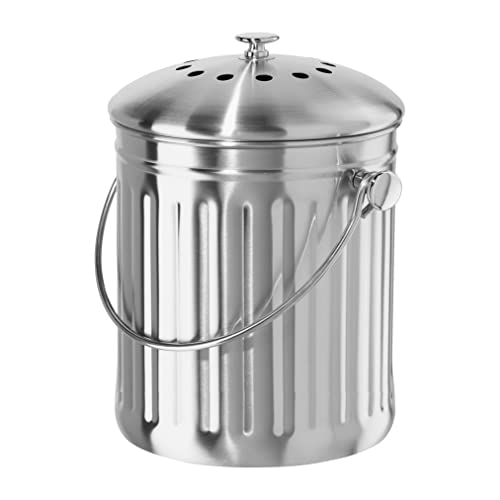 OGGI Countertop Compost Bin with Lid-1 Gallon Indoor Compost Bin w/Charcoal Filter, Stainless Steel Compost Container, Ideal Kitchen Compost Pail, Eco Friendly Products