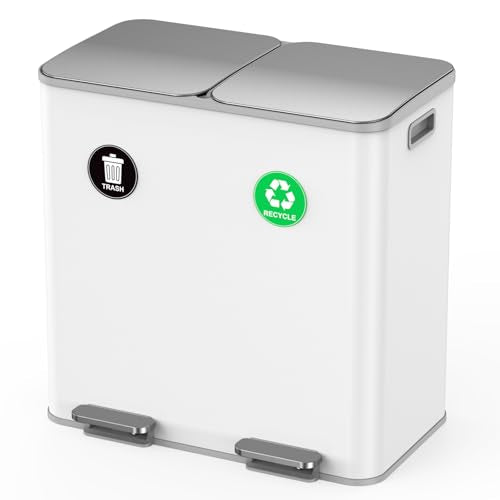 Lovewind Dual Trash and Recycling Bins for Kitchen, 2 * 11-Gallon Stainless Steel Double Trash Can, Step-On Garbage and Recycle Combo, Quiet Close, Pet-Proof, Compatible with 13-Gallon Bags, White - color: White, size: 2 x 11 Gallon
