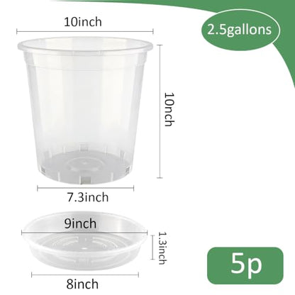 BTPLASTIK 2.5 Gallon Clear Nursery Pots with Saucers 5P, 10 Inch Round Plastic Plant Pots with Drainage Holes - size: 2.5 Gallon + Saucers 5P