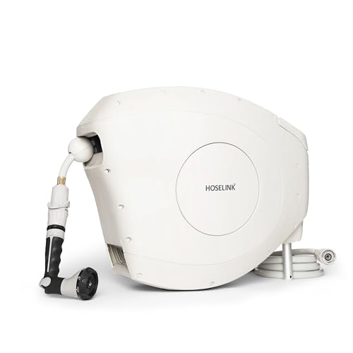 HOSELINK Classic Beige 50ft Hi-Flow Automatic Retractable Garden Hose Reel, 9/16”, 8-Pattern Spray Nozzle, UV-Stabilized Kink-Free Hose, Wall Mounted Watering Solution for Backyard, Garden & Outdoor - size: 50ft