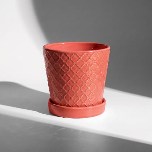 EFISPSS Ceramic Plant Pots, 5 Inch Planters with Drainage Holes and Ceramic Tray, Relief Design Flower Planter, Desktop Office Windowsill Decoration Gift Set of 4 - Magenta - color: Magenta