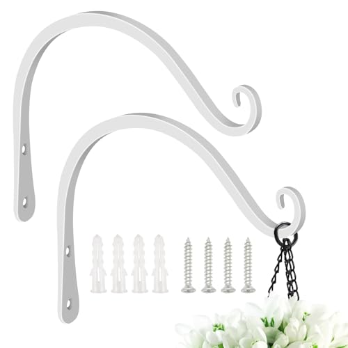 Feed Garden Iron Wall Hooks,8 Inches Decorative Bracket Metal Curved Plant Hanger Hooks, Indoor/Outdoor Use for Hanging Bird Feeders, Wind Chimes,Flower Baskets,Yoga Mat,White,2 Pack - color: White, size: 8 Inch