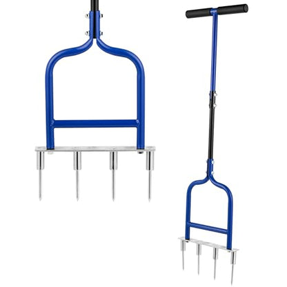 Spike Tine Fork Lawn Aerator - Four 5.2'' Stainless Steel Spikes Manual Gardening Hand Tool - Grass Dethatcher Aerator Lawn Tool with Solid Tines for Compacted Soil - Lawn Plugger Aerator.