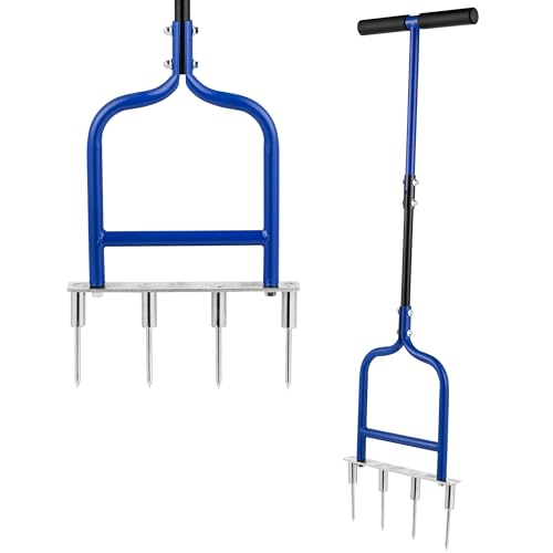 Spike Tine Fork Lawn Aerator - Four 5.2'' Stainless Steel Spikes Manual Gardening Hand Tool - Grass Dethatcher Aerator Lawn Tool with Solid Tines for Compacted Soil - Lawn Plugger Aerator.