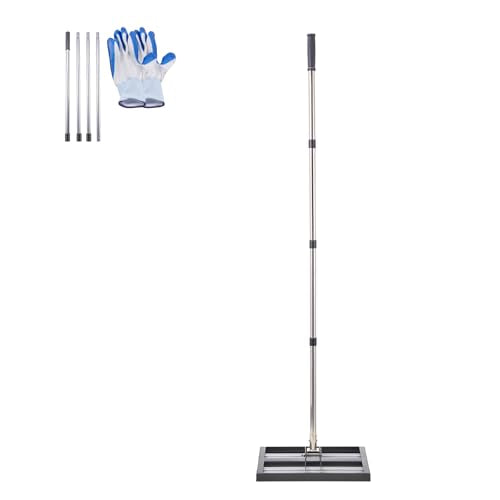 VEVOR Lawn Leveling Rake, Lawn Leveler with 63.4 in Adjustable Handle, 17x10 in Ground Plate, Heavy Duty & Rust-Resistant Metal Soil Leveler, Effort Saving Lawn Leveling Tool for Yard Golf Court - size: 17x10 in, style: with Roller: Stainless Steel