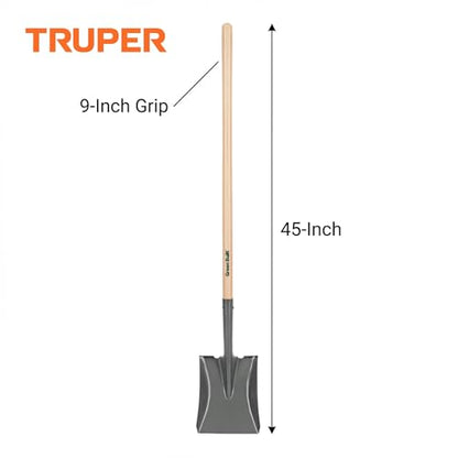 Truper Tru Built Square-Point Shovel, 45-Inch Wood Handle with 9-Inch Cushion Grip, Rolled Step Steel Blade, Heavy-Duty Scooping and Transfer Shovel (Model PCL-PE / 31174)