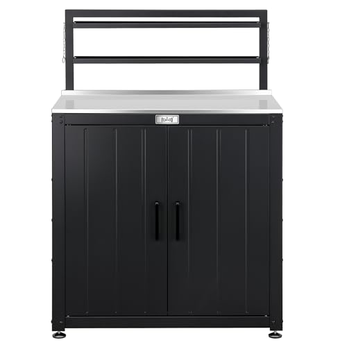 Feasto Outdoor Potting Bench Table with Storage Cabinet, Black - color: Black