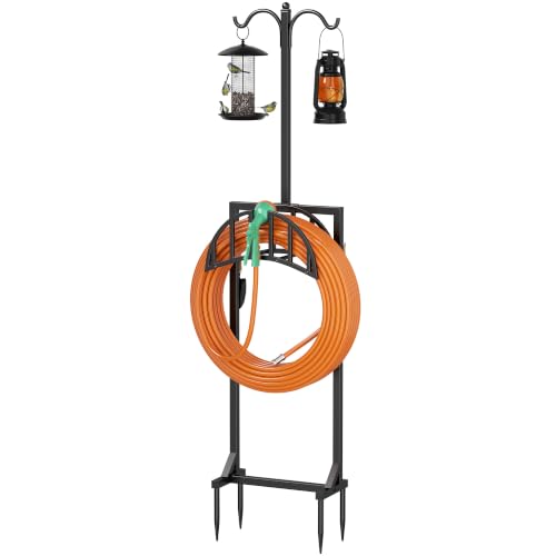 Garden Hose Reel Holder, Water Hose Stand for Outside with 4 Stake and 2 Shepherds Hooks, Freestanding Hose Storage Holds 150Ft, Heavy-Duty Metal Hose Hanger Rack for Yard, Lawn, Farm, Coffee