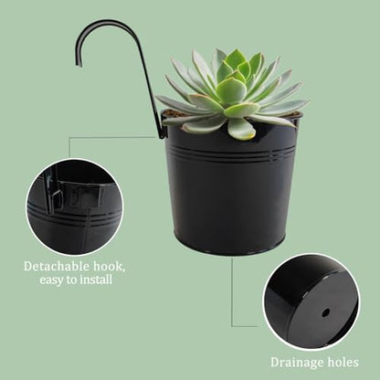 4 Pack Hanging Metal Railing Planters 6" with Detachable Hooks, Black - color: Black, size: 5.9"- 4 Pack