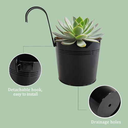 6 Pack Hanging Metal Railing Planters 6" with Detachable Hooks, Black - color: Black, size: 5.9"- 6 Pack
