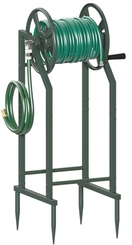 4-Spike Garden Hose Reel with 3.9ft Leader Hose & Stainless Fitting, Outdoor Hose Holder holds 125ft Hose of 5/8", Freestanding Metal Hose Stand for Outside Yard Lawn, Green - color: Green