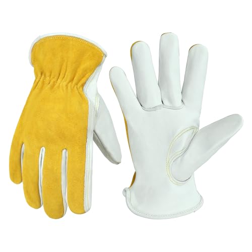 HANDLANDY Leather Gardening Gloves, Leather Work Gloves for Men Women - color: Beige-yellow (1 Pair), size: Small
