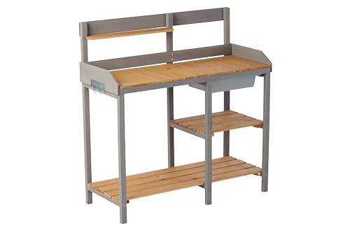 42'' Outdoor Potting Bench with Storage Cabinet Heavy Duty Planting Station Garden Work Table Seed Starting Wooden Workstation Spacious Work Surface for Backyard Balcony Brown and Gray