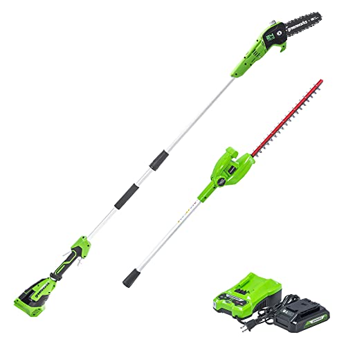 Greenworks 24V 8" Cordless Polesaw + 20" Pole Hedge Trimmer Combo (Great For Pruning and Trimming Branches / Shrubs), 2.0Ah Battery and Charger Included - size: 8" Combo (2.0Ah), style: Polesaw