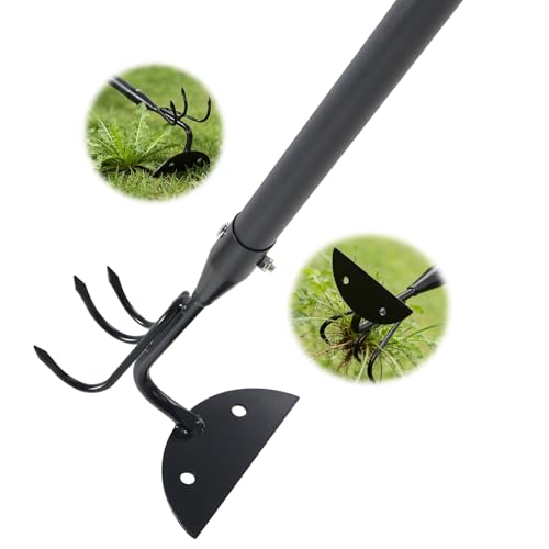 65 Inch 2-in-1 Hoe and Cultivator Garden Tool, Heavy Duty Garden Hoe with 3-Tine Tiller Rake for Weeding and Soil Loosening, Long Handle Stand Up Weed Removal Tool for Planting, Digging & Gardening