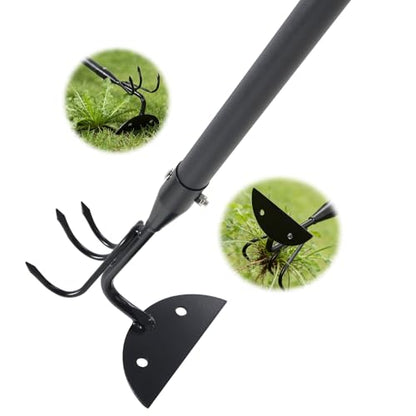 65 Inch 2-in-1 Hoe and Cultivator Garden Tool, Heavy Duty Garden Hoe with 3-Tine Tiller Rake for Weeding and Soil Loosening, Long Handle Stand Up Weed Removal Tool for Planting, Digging & Gardening