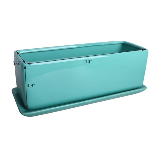 Vencer 14 Inch Rectangular Modern Minimalist Ceramic Succulent Planter Pot - Window Box with Saucer,Office Desktop Potted Stand,Turquoise,VF-0173T - color: Turquoise, size: 14 Inch