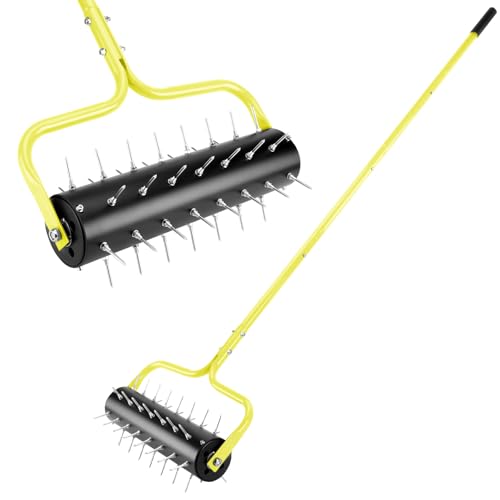 21" Rolling Lawn Aerator, 45 Preassembled Spikes, Only Needs 3-5 Minutes to Assemble, No Looseness, Good Package, 75" Long Handle with Quick Clip Connections, U-Shape Construction - Yellow. - size: Yellow