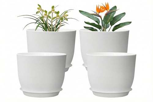 8 Inch Plant Pots Set of 4, Plastic Planters with Drainage Holes and Tray, Flower Pots for Indoor Outdoor Plants and Flowers (White) - color: White