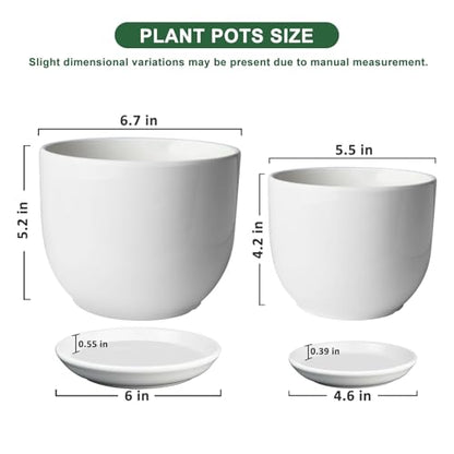 6.7 + 5.5 Inch Ceramic Plant Pot with Drainage and Saucer - size: 6.7 + 5.5 Inch 2 Pcs