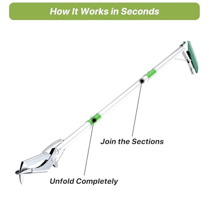50" Foldable Grabber Reacher Tool with Green Handle, Extra Long Lightweight Trash Pickup & Litter Picker, 3-Fold Stainless-Steel Reaching Aid for Home, Office & Garden Use
