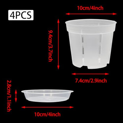 Orchid Pot with Saucers-Drainage Holes, 4 Pack 4 Inch Clear Plastic Breathable Slotted Pots for Repotting-Root Control Planter-Plastic Plant Pot for Butterfly Orchid, Hydroponics, Indoor & Outdoor - size: 4” with Saucers 4Pcs