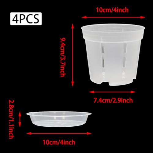 Orchid Pot with Saucers-Drainage Holes, 4 Pack 4 Inch Clear Plastic Breathable Slotted Pots for Repotting-Root Control Planter-Plastic Plant Pot for Butterfly Orchid, Hydroponics, Indoor & Outdoor - size: 4” with Saucers 4Pcs