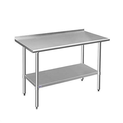 ROCKPOINT Stainless Steel Table for Prep & Work with Backsplash 24x48 Inches, NSF Metal Commercial Kitchen Heavy Duty Table with Adjustable Under Shelf and Table Foot for Restaurant, Home and Hotel - size: 24x48inch, style: with Backsplash