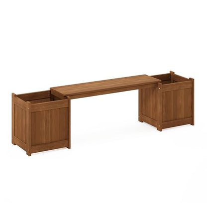 Furinno TIOMAN Planter Box with Bench, Hardwood Flower Box with Seat, Cube Garden Box, in Teak Oil, Outdoor Indoor, Garden, Patio, Balcony, Light Wood - size: 16" x 16" Boxes with 40.5" Wide Bench