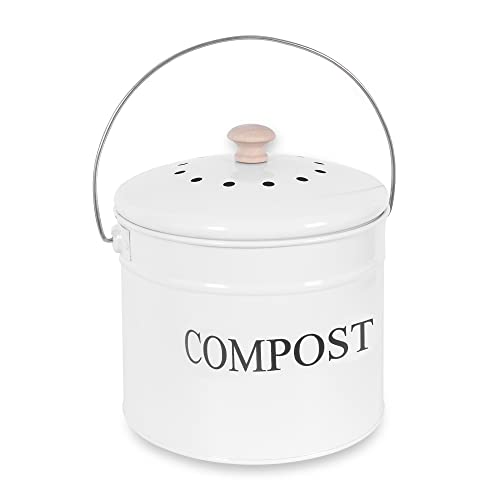 Compost Bin - 1 Gallon Countertop Composter with Lid, Charcoal Filters, Rust Proof Indoor Food Waste Bin - color: White