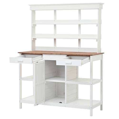 66" Large Outdoor Farmhouse Wooden Potting Bench Table, Garden Workstation with 2 Drawers, Cabinet and Open Shelves for Backyard, Mudroom, White Solid Wood Workspace Mudroom Ready