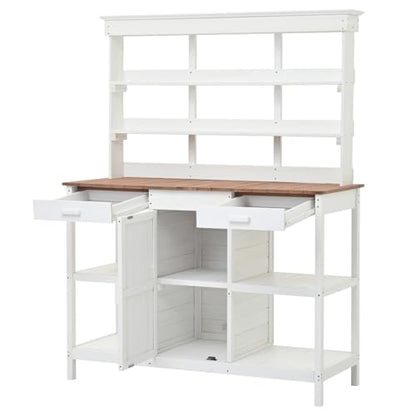66" Large Outdoor Farmhouse Wooden Potting Bench Table, Garden Workstation with 2 Drawers, Cabinet and Open Shelves for Backyard, Mudroom, White Solid Wood Workspace Mudroom Ready