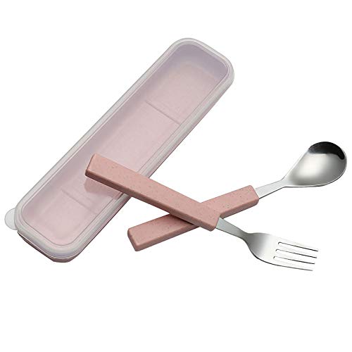 VANRA 2-Piece Children Flatware Set 18/10 Stainless Steel Child Tableware Set Silver Cutlery Set Silverware Dinner Utensils Spoon Fork Set with Travel Case for Kids (Chrome Finished) (Pink) - color: Pink