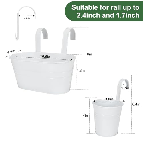 HowRU Metal Iron Flower Pots for Railing Fence Hanging Bucket Pots(5 Pcs) and Hanging Flower Pots Metal Iron Bucket Planter(10 Pcs) (White) - color: White
