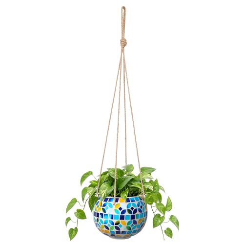 Ceramic Hanging Planter, Small Blue Flower Plant Pot Indoor Decor - color: Blue