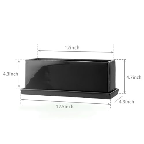 12 Inch Rectangular Ceramic Plant Pot, Window Box, Glazed Black - color: Black, size: 12 Inch