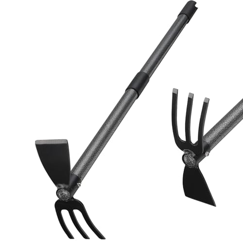 Hoe and Cultivator Gardening Hand Tools, Heavy Duty Stainless Steel Garden Hoe and 3 Fork Hand Tiller for Gardening Weeding Planting with Adjustable Handle 45 inch