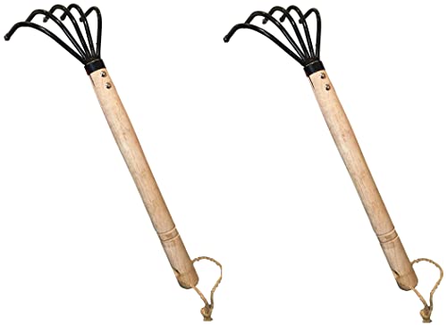Garden Guru Hand Rake Cultivator Claw Soil Tiller - Military Grade Steel - Rust Resistant - 5 Tine Japanese Ninja Claw - Comfortable Wood Handle - Perfect Pulverized and Aerated Soil (2 Pack) - color: Long Handle, size: 2 Pack