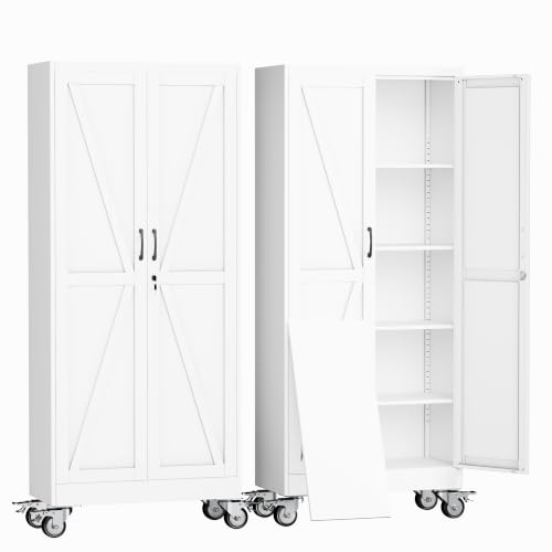 erosoe 71" H Metal Garage Storage Cabinet, Rolling Tool Cabinet with 2 Doors and Wheels, Locker Steel Cabinet with 4 Adjustable Shelves, Organization Cabinet for Garage,Office,Home,Gym,School-White - color: White, size: 71" CasLck-M