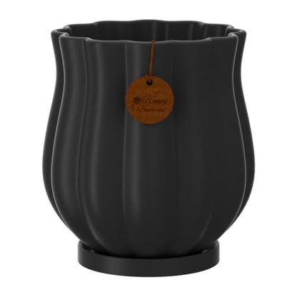 5.8" Matte Black Ceramic Plant Pot with Saucer - color: Matte Black, size: Medium