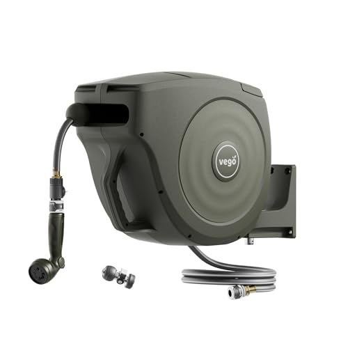 Vego Garden Hose Reel Retractable Hi-Flow Wall Mounted Hose Reel Automatic Rewind, Any Length Lock with 9 Patterns Sprayer Nozzle, Quick Connector and Adjustable shot Nozzle (Seaweed Green, 82ft) - color: Seaweed Green, size: 82ft