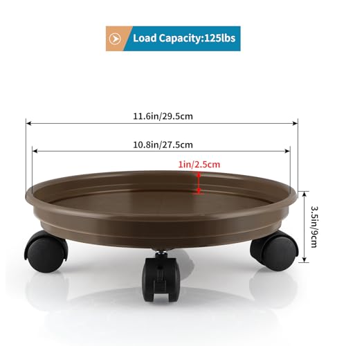 Resin Plant Caddy with Wheels, 11.6" Round Plant Pallet, Plant Pot Trolley (Brown) - color: Brown