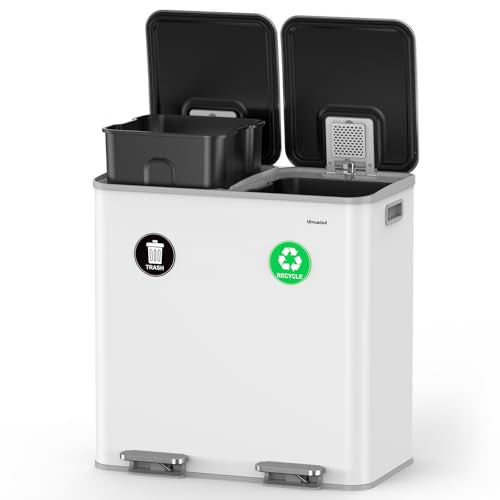 Lovewind 2×11.5 Gallon Dual Trash Can, Stainless Steel Dual Garbage and Recycling Can with Foot Pedal, 90° Stay-Open Lid, Pet-Proof Design – Large Dual Compartment Trash Recycling Bins Kitchen, White - color: White, size: 23 Gallon